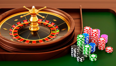 Casino roulette wheel with ball and stack of poker chipsの写真素材