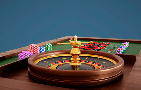 Casino roulette wheel with ball and stack of poker chipsの写真素材