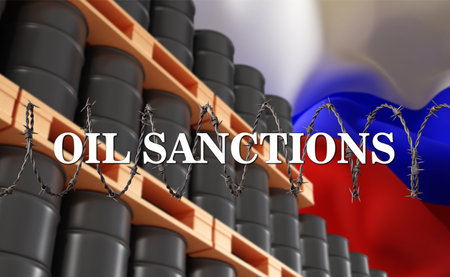 Oil barrels with Russian flag and barbed wireの写真素材