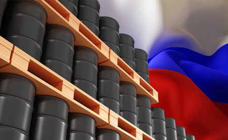Oil barrels with Russian flag. Oil industry conceptの写真素材