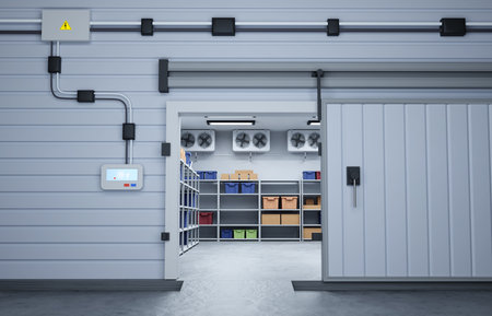 Refrigeration warehouse for food. Metal shelves frozen foods with boxesの写真素材