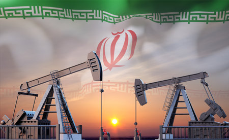 Oil pumpjacks against the sunset with flag of Iran. Iran oil industry concept. Crude oil production from the groundの写真素材