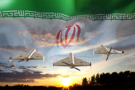 Combat drones against the sunset with Iran flagの写真素材