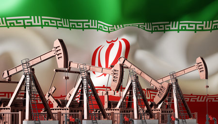 Oil pumpjacks with flag of Iran. Iran oil industry concept. Crude oil production from the groundの写真素材