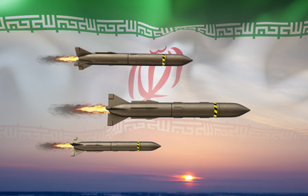 Missiles with Iran flag against the sunsetの写真素材