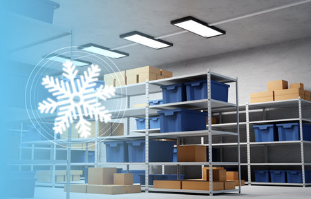 Refrigeration warehouse for food. Metal shelves frozen foods with boxesの写真素材