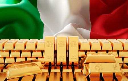 Gold bullions with flag of Italy. Golden reserve conceptの写真素材