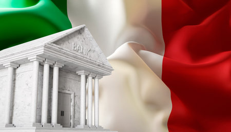Bank building with flag of Italy. Banking system of Italyの写真素材
