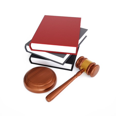 Judge gavel with books isolated on white backgroundの写真素材