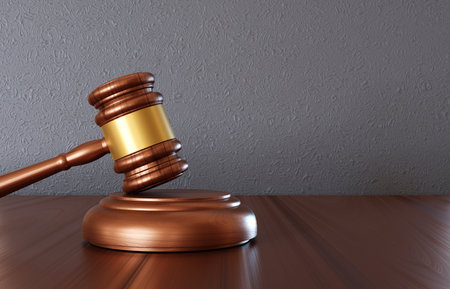 Wooden judge gavel on the desk near gray wallの写真素材