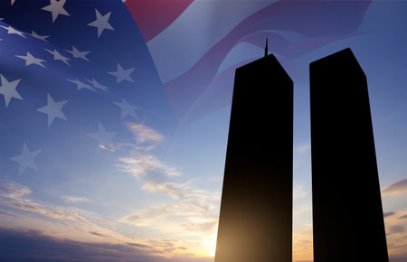 Twin Towers silhouette with USA flagの写真素材