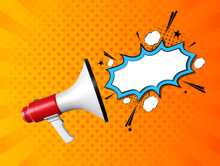 Megaphone with speech bubble on orange backgroundの写真素材
