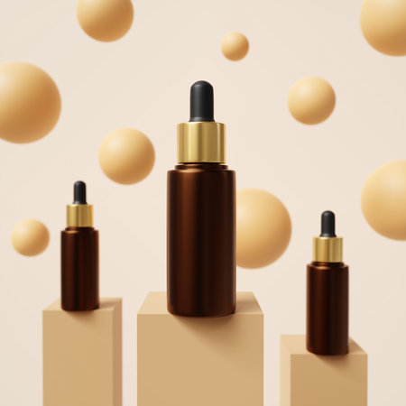 Cosmetic ads template. Cosmetic dropper bottles with gold cap on beige backgroundの写真素材