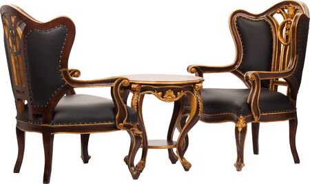 Wooden brown armchairs with side table on whiteの写真素材