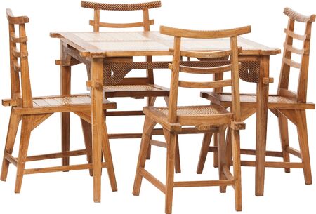 Wooden table and chairs, isolated on white background, clipping path includedの写真素材