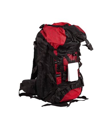 Red and black camping backpack isolated on white background.の写真素材
