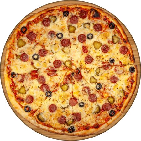 Pizza with sausages, pickles and olives top view on wooden boardの写真素材