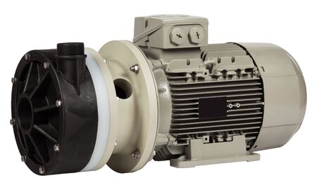 New industrial centrifugal pump with AC motor isolated on white background