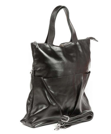 Classic fashion black shiny leather women's bag on a white background.の写真素材