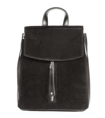 Black leather woman's suede backpack isolated on white background.の写真素材
