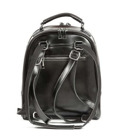 Black leather woman's backpack isolated on white background.の写真素材