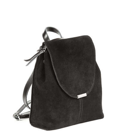 Black leather woman's suede backpack isolated on white background.の写真素材