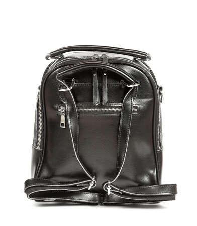 Black leather woman's backpack isolated on white background.の写真素材