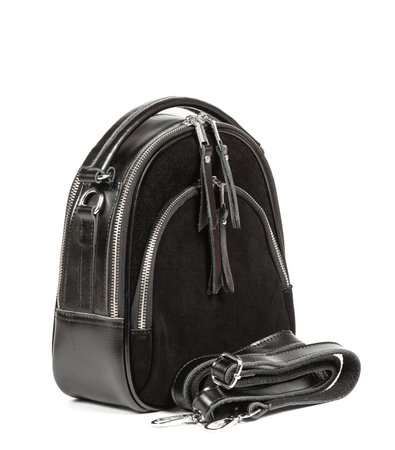 Black leather woman's suede backpack isolated on white background.の写真素材