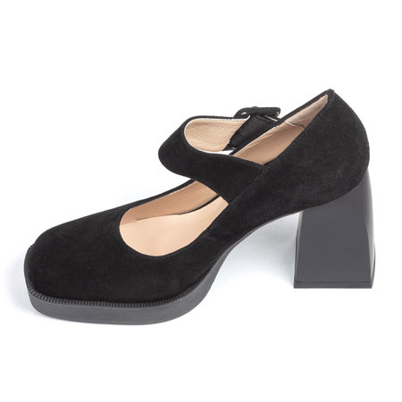 Black suede comfortable leather classic evening women's shoes with a strap on a thick square heel on a white backgroundの写真素材