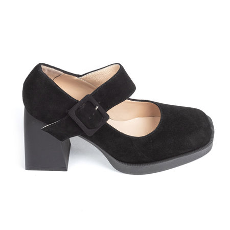 Black suede comfortable leather classic evening women's shoes with a strap on a thick square heel on a white backgroundの写真素材