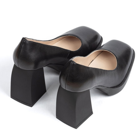 Black Leather Womens Office Comfortable Shoes with Brown Insole on Thick Square Heel on White Background with Blunt Toeの写真素材