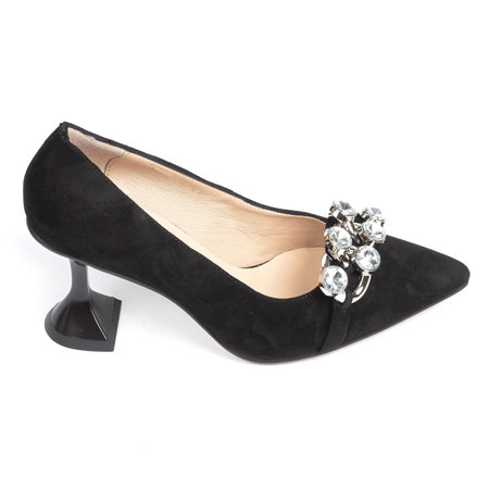 Black velvet womens heeled shoes with beige insole decorated with crystals on the front on a white backgroundの写真素材