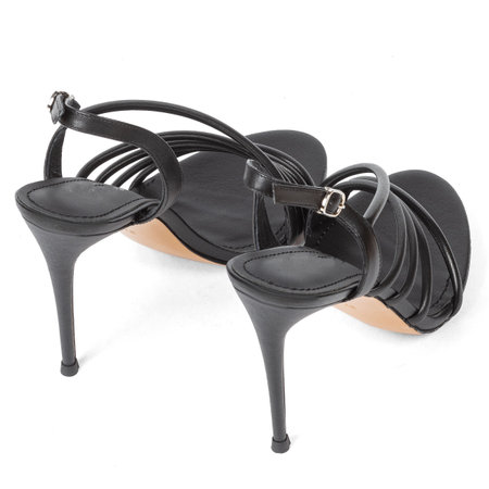 Fashionable Black Leather Women's Sandals Shoes with Thin High Heels with Straps on White Background.の写真素材