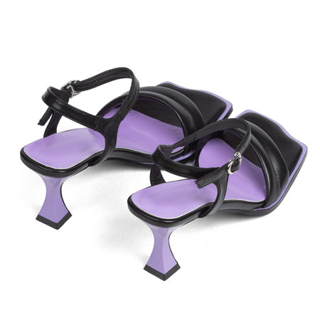 Women's Leather Purple Sandals Shoes with Square Thin Heels on White Background.の写真素材