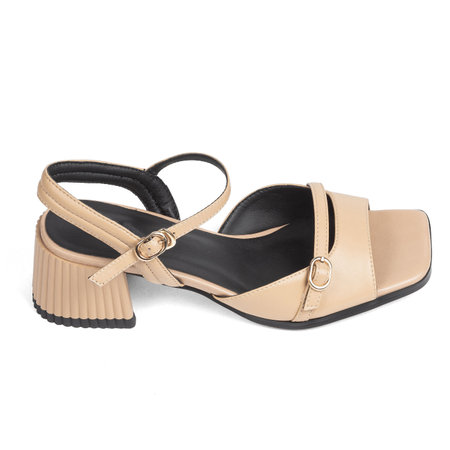 Beige Leather Women's Shoes Sandals with Black Insole on Thick Middle Heel on White Background.の写真素材