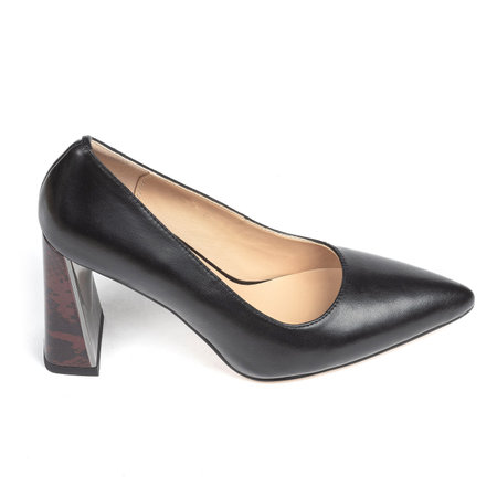 Black Women's Business Comfortable Leather Office Shoes with Wide Heel with Sharp toe on White Background.の写真素材