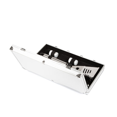 New barbecue set with skewers, forks and knives in an aluminum suitcase with a handle on a white background.の写真素材