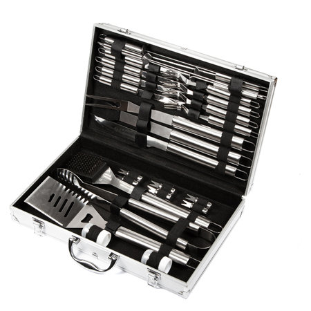 New barbecue set with skewers, forks and knives in an aluminum suitcase with a handle on a white background.の写真素材