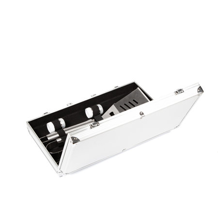 New barbecue set with skewers, forks and knives in an aluminum suitcase with a handle on a white background.の写真素材