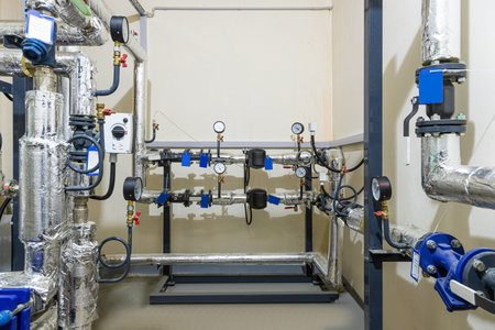 Modern industrial building with pipes, heat exchangers and valves.の写真素材