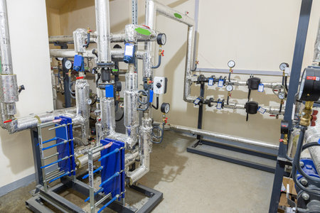 Modern industrial building with pipes, heat exchangers and valves.の写真素材