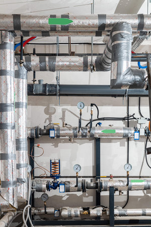 Modern industrial building with pipes, heat exchangers and valves.の写真素材