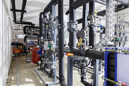 Industrial basement with heating pipes, pressure gauges, valves and heat exchangers.の写真素材