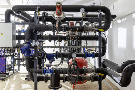 Industrial basement with heating pipes, pressure gauges, valves and heat exchangers.の写真素材