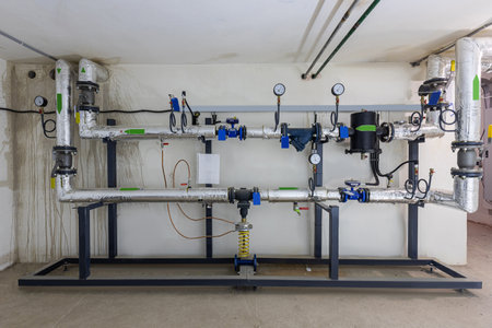 Modern industial pumping station with heal exchangers and valves.の写真素材