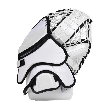 Blue ice hockey protective goalkeeper glove isolated on white background.の写真素材