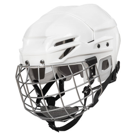 Ice hockey new white protective plastic helmet with front metal grill isolated on white background.の写真素材