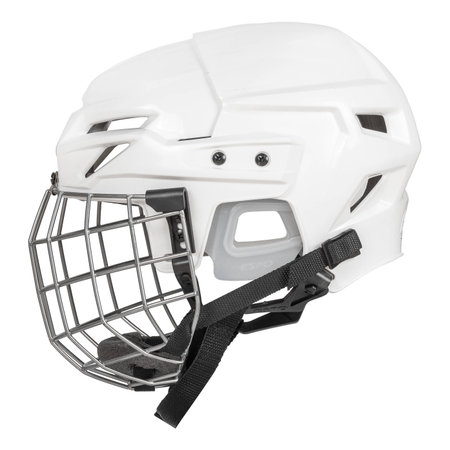Ice hockey new white protective plastic helmet with front metal grill isolated on white background.の写真素材