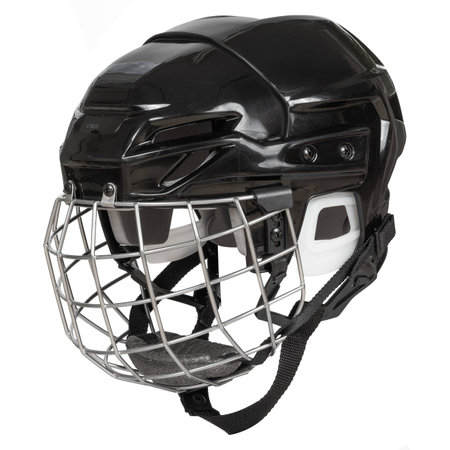 Ice hockey new black protective plastic helmet with front metal grill isolated on white background.の写真素材