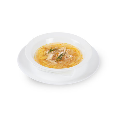 Fresh soup in white bowl on plate isolated in white backgroundの写真素材